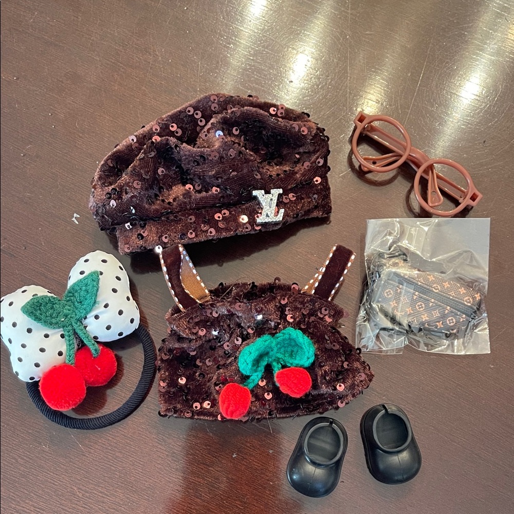 Labubu luxury Sequin Brown Beret and dress Set 
shoes glasses luxury fanny pack